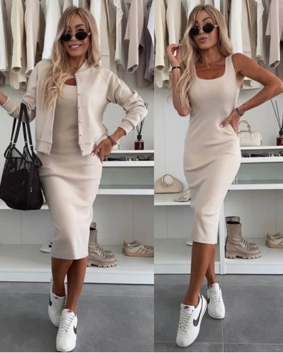 Elvira – Ribbed Dress & Bomber Jacket Set