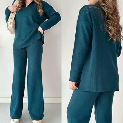 Alara - V-Neck Casual Slit Knitted Two-Piece Set