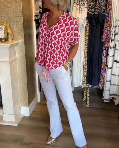 Irene - Short-sleeved V-neck printed casual top