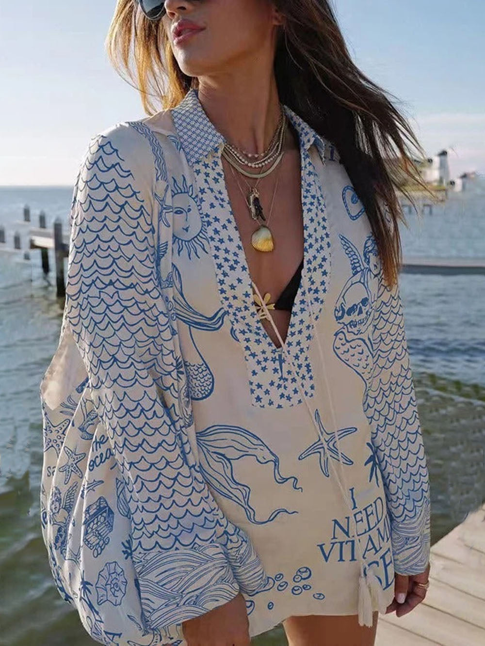 Jolie - Print Tassle Shirt and Elastic Waist Shorts Set