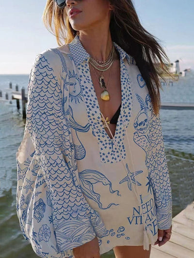 Jolie - Print Tassle Shirt and Elastic Waist Shorts Set