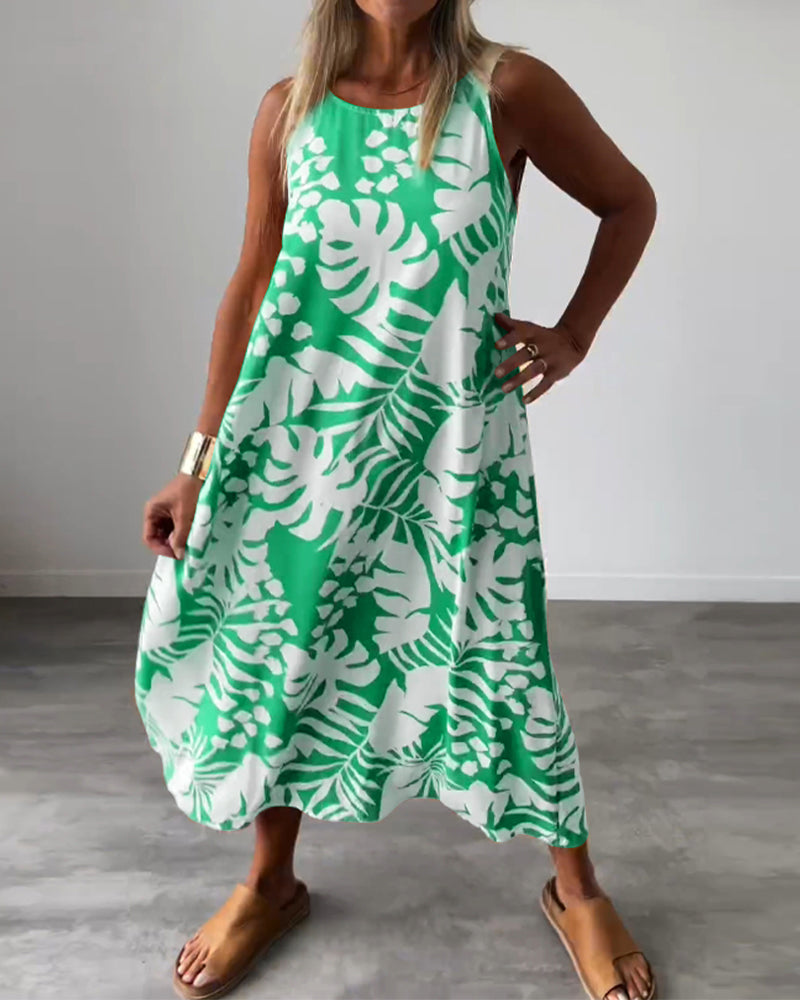 Lucy – Sleeveless Midi Dress with Leaf Print