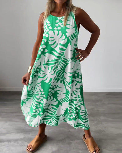 Lucy – Sleeveless Midi Dress with Leaf Print