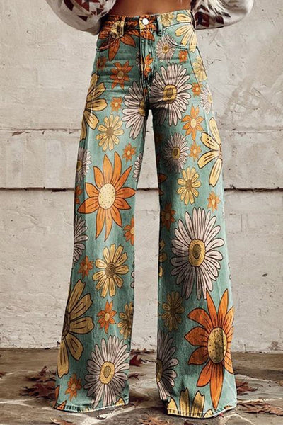 Maria - Vintage Floral Print Wide Leg Pants