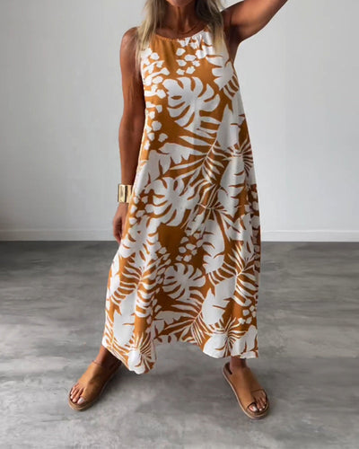 Lucy – Sleeveless Midi Dress with Leaf Print