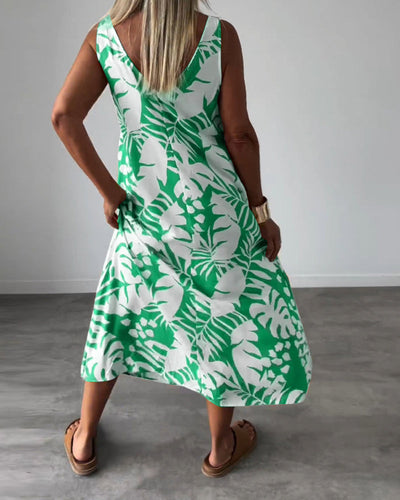 Lucy – Sleeveless Midi Dress with Leaf Print