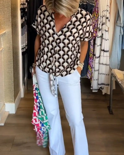 Irene - Short-sleeved V-neck printed casual top