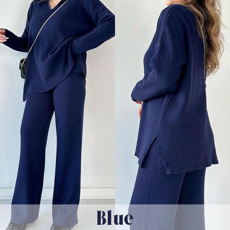 Alara - V-Neck Casual Slit Knitted Two-Piece Set