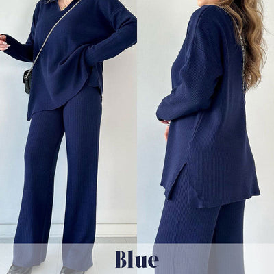 Alara - V-Neck Casual Slit Knitted Two-Piece Set