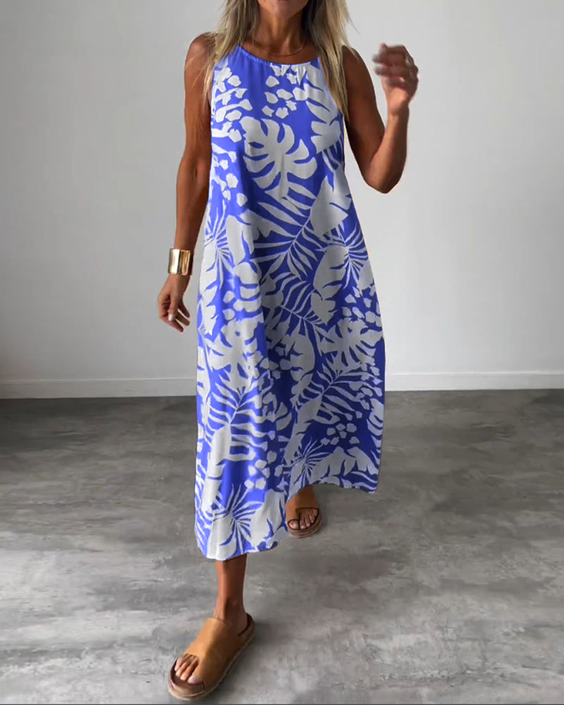 Lucy – Sleeveless Midi Dress with Leaf Print