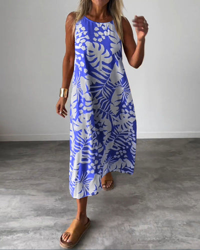 Lucy – Sleeveless Midi Dress with Leaf Print