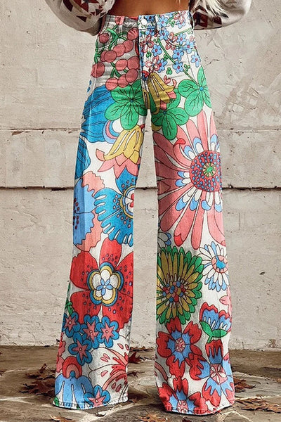 Maria - Vintage Floral Print Wide Leg Pants