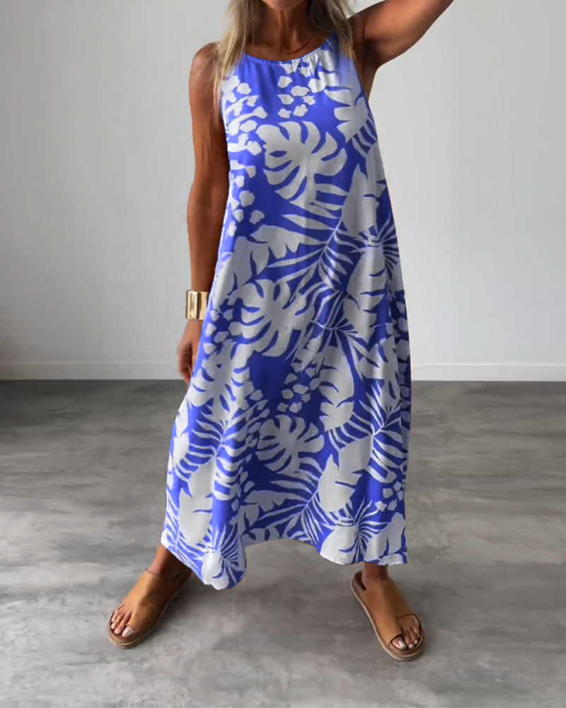 Lucy – Sleeveless Midi Dress with Leaf Print