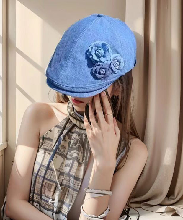 Belle - Fashion Blue Floral Versatile Denim Beret Hat