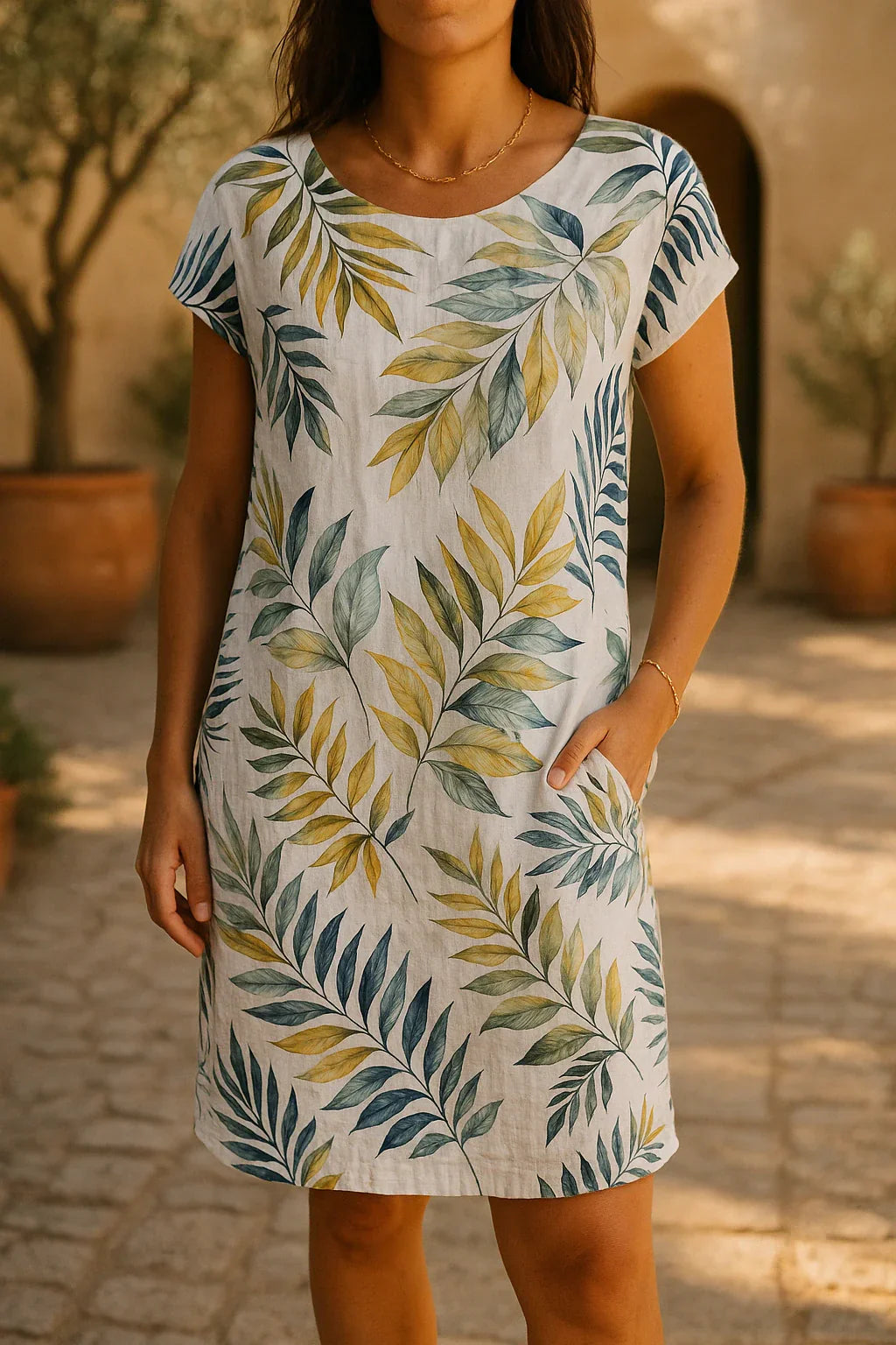 Serel – Golden Botanical Linen Dress