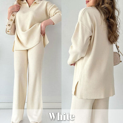 Alara - V-Neck Casual Slit Knitted Two-Piece Set