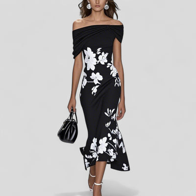 Rocela – Drape-Shoulder Floral Midi Dress