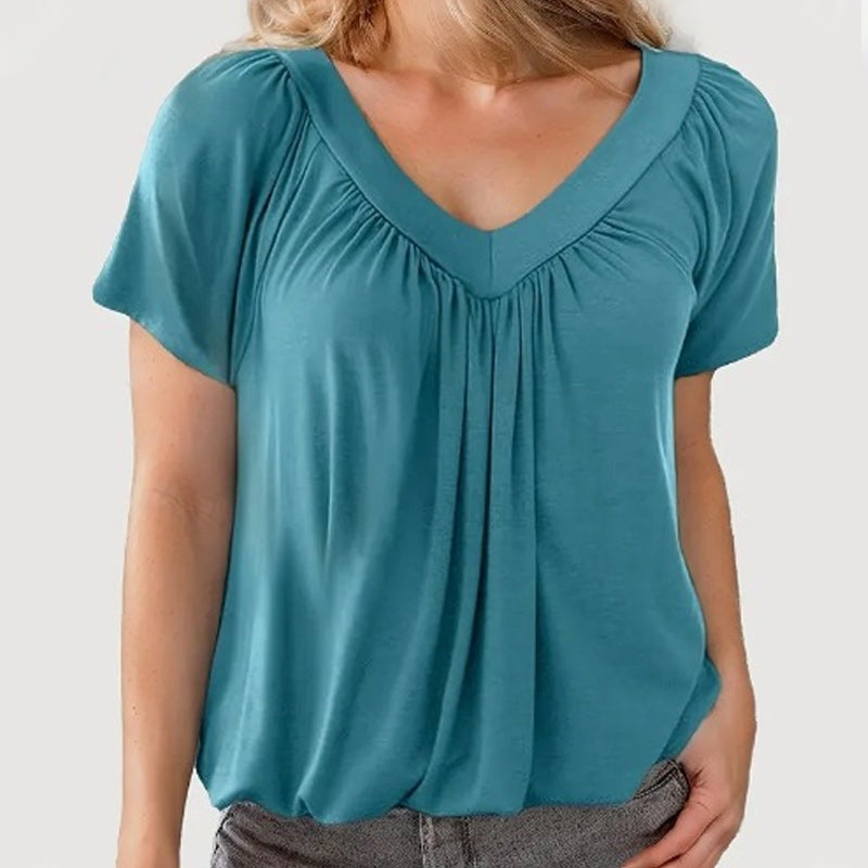 Gisella - Casual Pleated V-Neck Short-Sleeve Top
